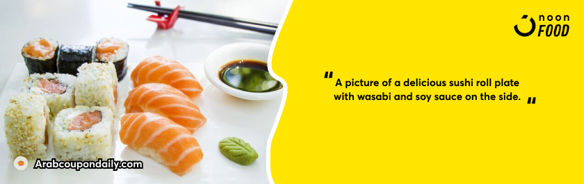 A picture of a delicious sushi roll plate with wasabi and soy sauce on the side.